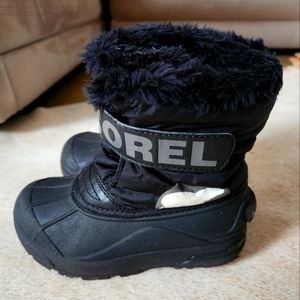 Sorel Black Kids Snow Boots with Fur Trim